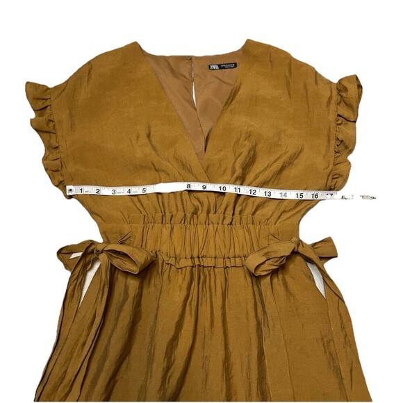 Zara V-Neck Ruffle Flutter Sleeve Brown Dress‎ Women Medium Cinched Waist Boho - Picture 4 of 10